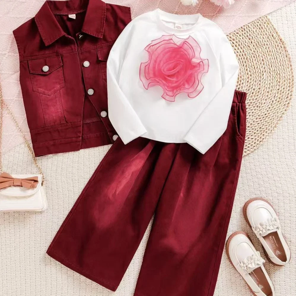 Girls Set 2026 Spring And Autumn Childrens Wear Girl Baby Retro Red Vest Three-dimensional Flower Wide-leg Pants Three-piece Set