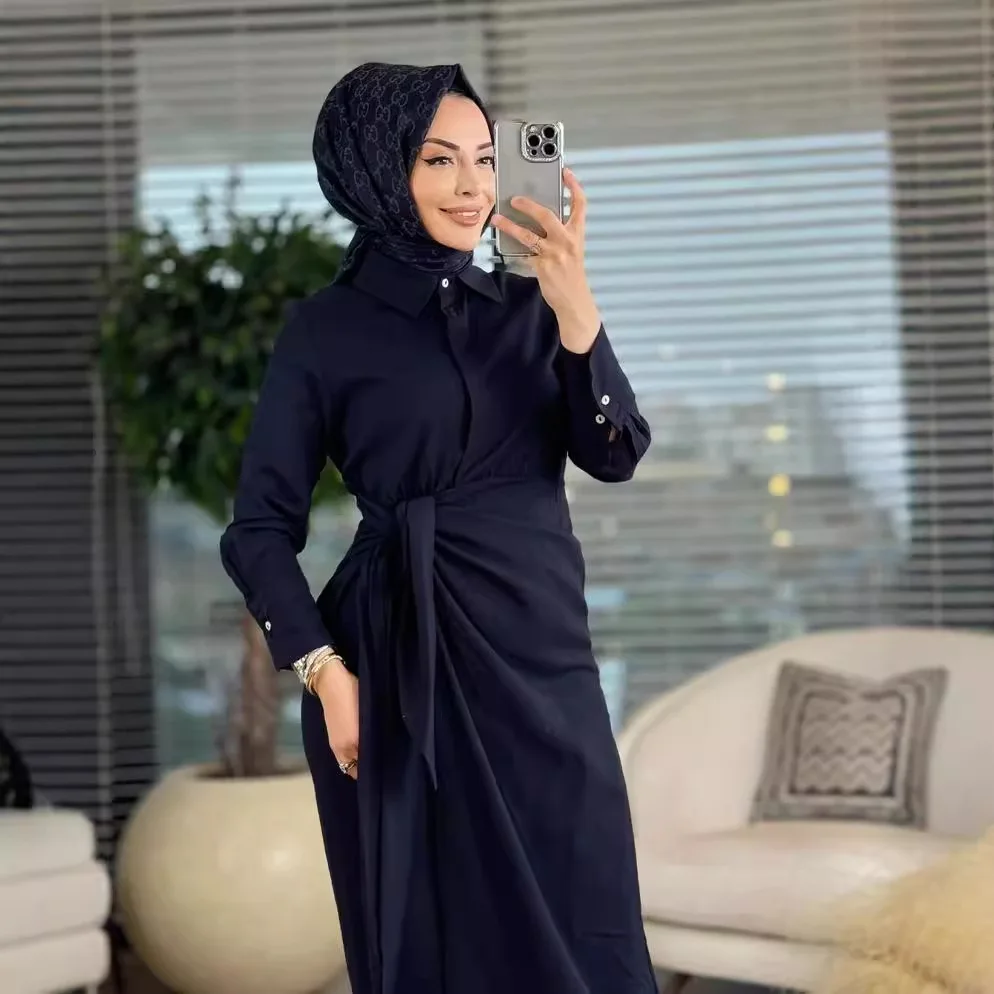 فساتين نسائية ضيقة الخصر قابلة للطي بأربطة بقصة ضيقة وأكمام طويلة فستان سادة بياقة مقلوبة مقسمة مستقيمة فيستدوس عتيقة 2025