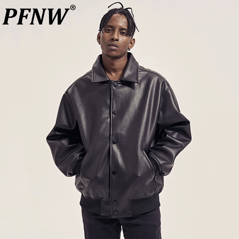 

PFNW Dark Style Men's Jackets PU Leather Single Breasted Loose Clothing Turn-down Collar Male Coats New Autumn 2024 12C615