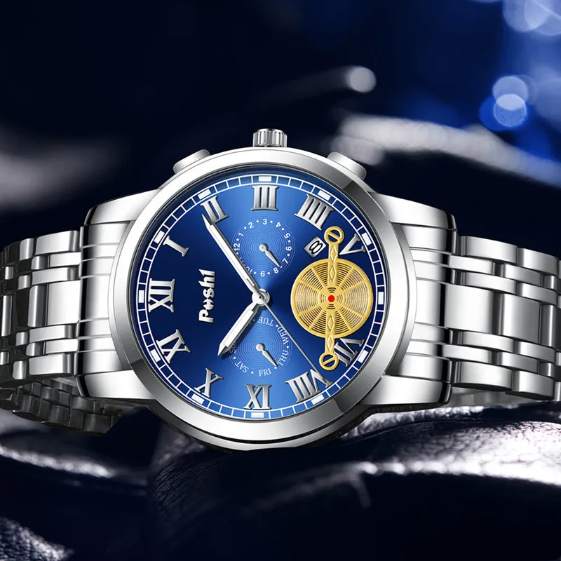 ساعة POSHI للرجال ساعات كوارتز للرجال ساعة يد رجالية فاخرة مقاومة للماء بحزام معدني للرجال ساعة عمل للتاريخ