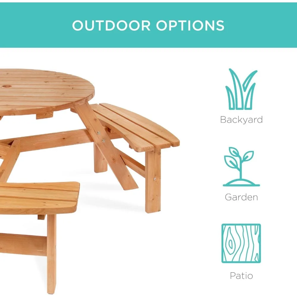 Best Choice Products 6-Person Circular Outdoor Wooden Picnic Table for Patio, Backyard, Garden, DIY W/ 3 Built-in Benches