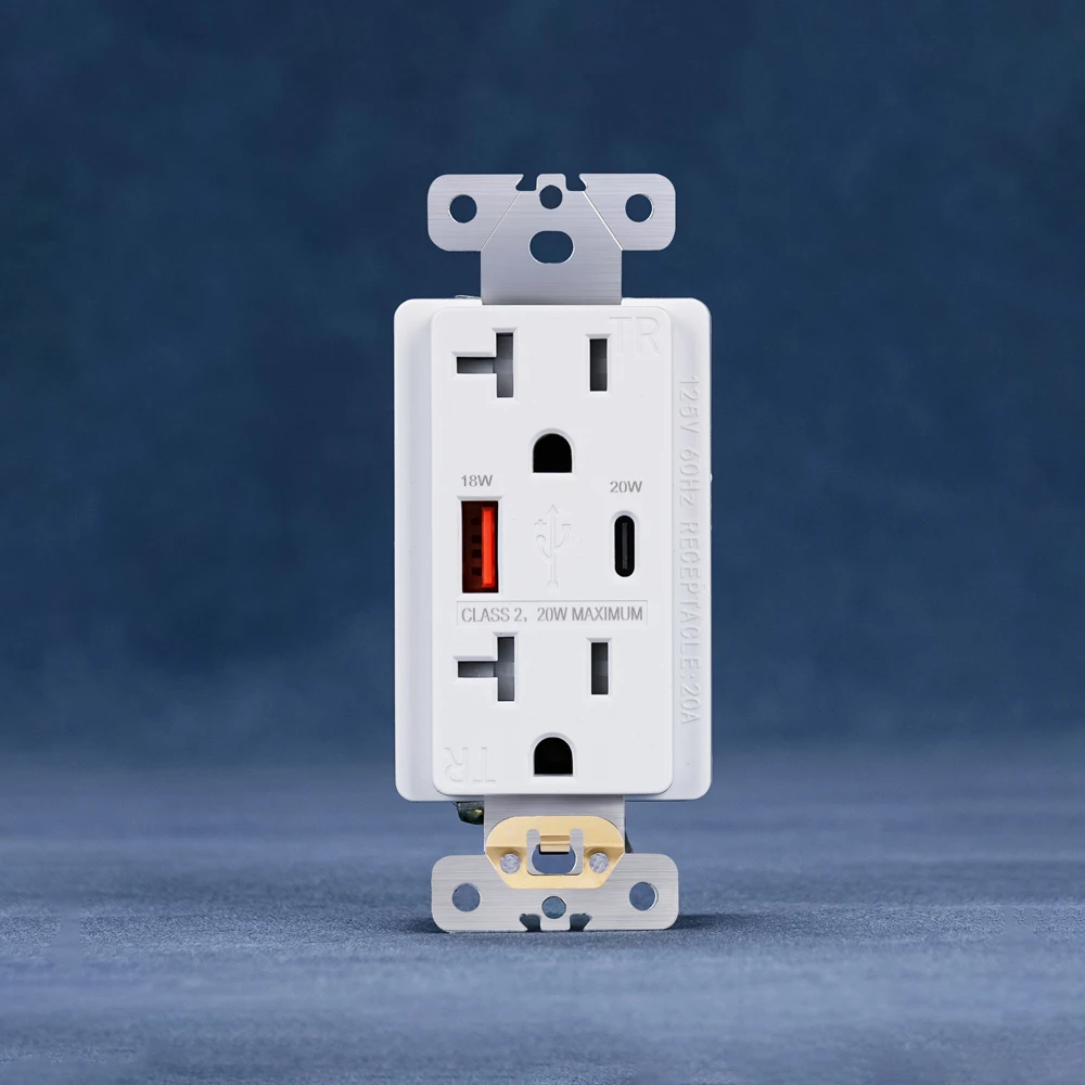 Noord-Amerikaanse Standaard 20a Stopcontact 125vac Snel Opladen Dual Usb Socket Type A + C Snellaadpoort Pd 20W Snel Opladen