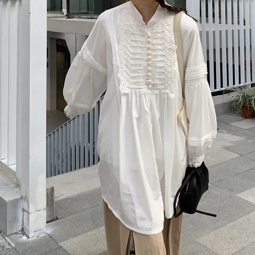 

Elegant Stand Lantern Sleeve Laces Button Women Shirts Blouses 2024 Spring Summer Casual Loose Ladies Mini Dress Sashes T702