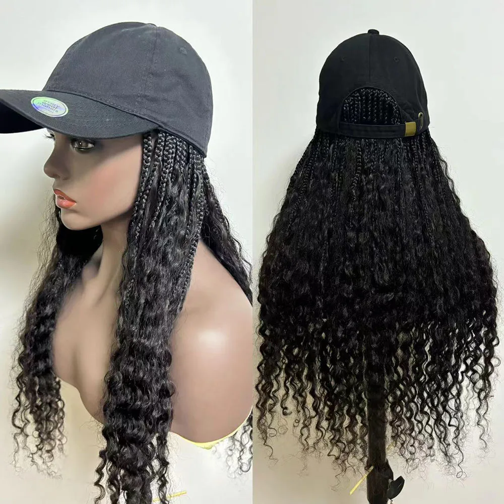 Boho kotak kepang topi Baseball topi Wig rambut manusia Bohemian dengan rambut manusia keriting berakhir ambil dan ekstensi rambut kepang untuk wanita