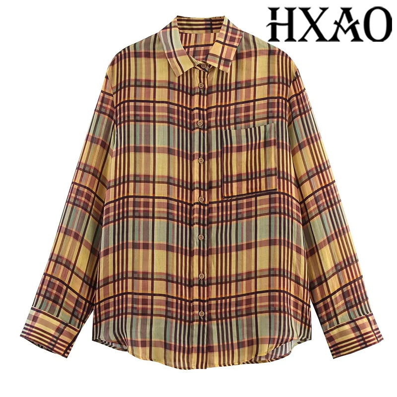 

HXAO Рубашки Блузка Женская клетчатая рубашка Осенняя рубашка с длинным рукавом плюс размер Рубашки на пуговицах Корейский стиль Длинная полосатая рубашка в клетку