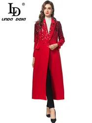 LD LINDA DELLA Sequins Design Women's Notched Long Sleeved Double-Breasted Pocket Streetwear Fashion Coat