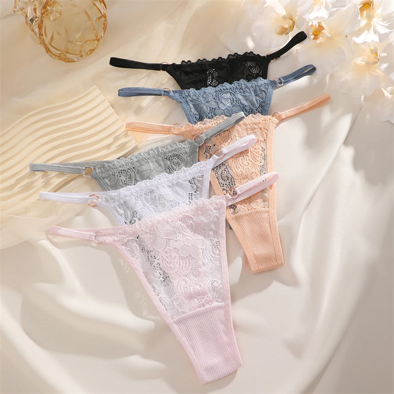 5PCS Cotton Floral Underwear for Women Low Rise Metal Buckle Waist Thongs Sexy Perspective G-String Female Breathable Lingerie