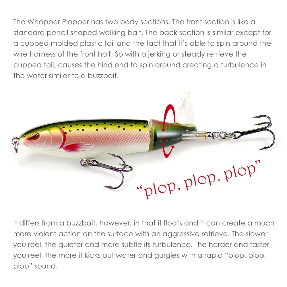 Countbass Surface Whopper Plopper مع خطافات VMC 110 مم 4-21/64 بوصة 19.7 جم 11/16 أونصة، ذيل دوار ناعم للمياه المتذبذبة