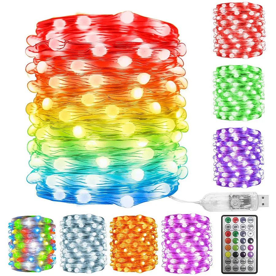 100/200LEDs control remoto inteligente RGB árbol de Navidad luces de cadena de hadas USB DIY alambre de cobre guirnalda de luz para fiesta boda decoración de Patio