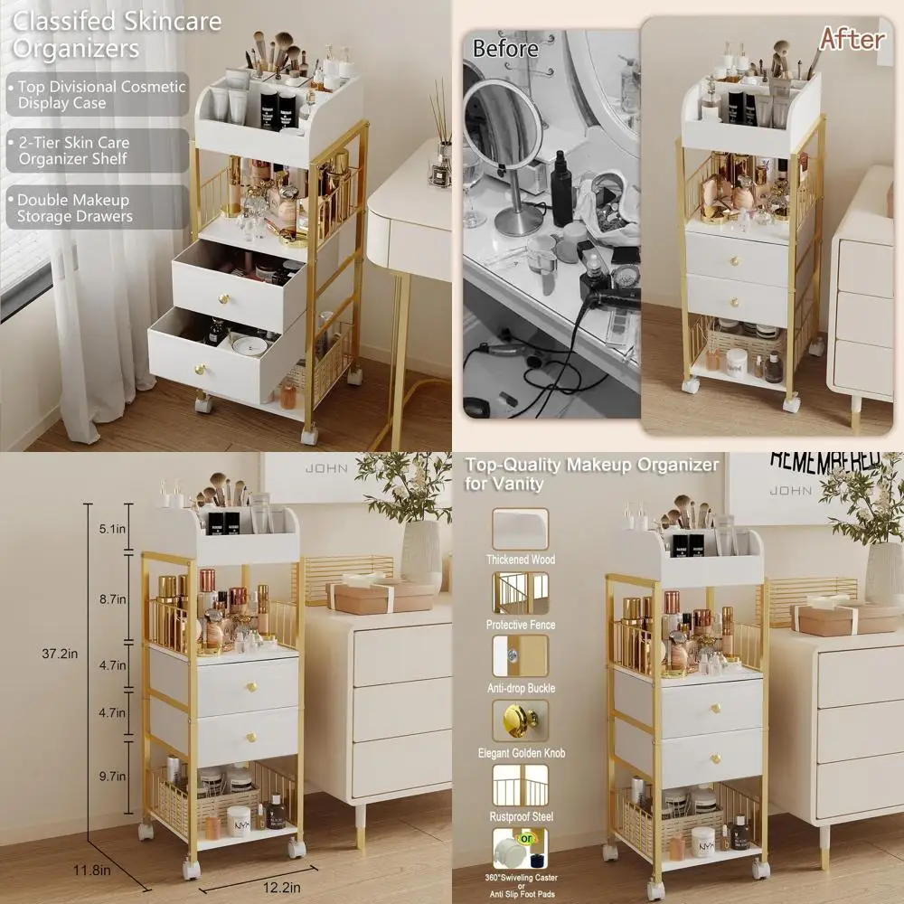 

Large Makeup Organizer Cart with Drawers - Vanity Cosmetic Storage Display for Skincare, Nail Polish, Perfume, and Brushes in Go