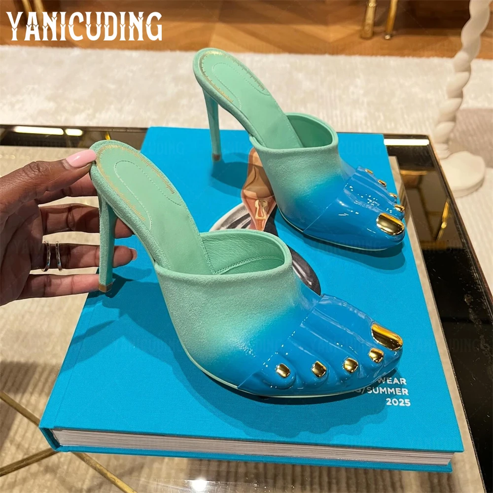 Blue Turquoise Gradient Effect Mules Suede Spray Painted Glossy Patent Leather Slippers Five Gold Metal Fingers Novelty Slippers
