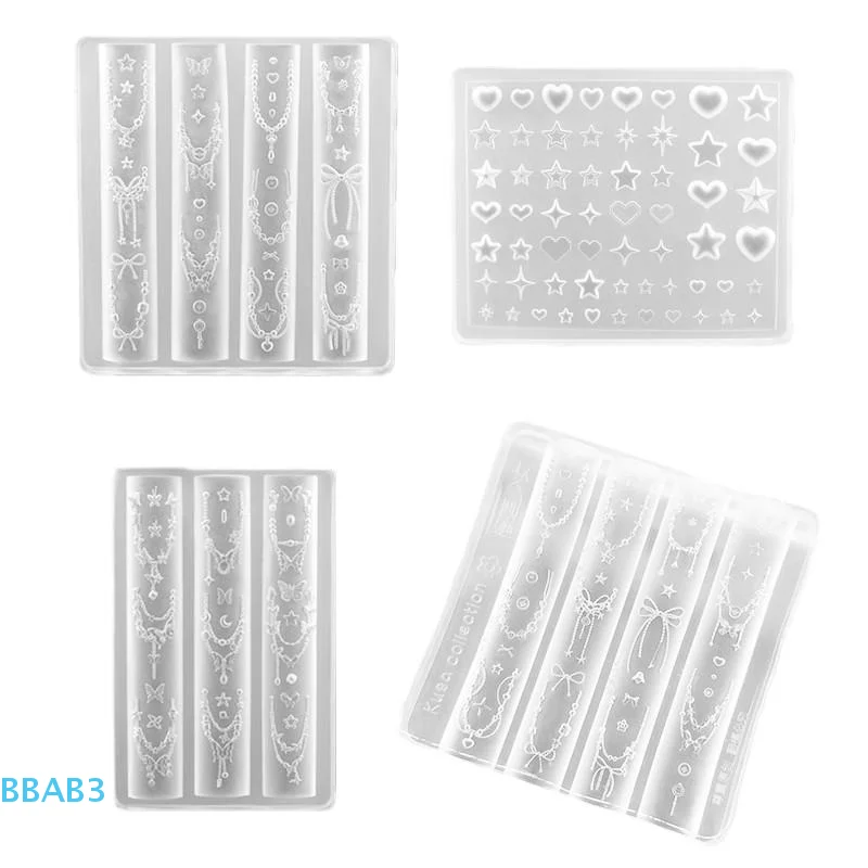 【B】4Pcs Cute Bowknot Ribbon Chain Nails Silicone Heart 3d Nail Mold Nail Art Decorations Silicone Pentagram Nail Art Accessories