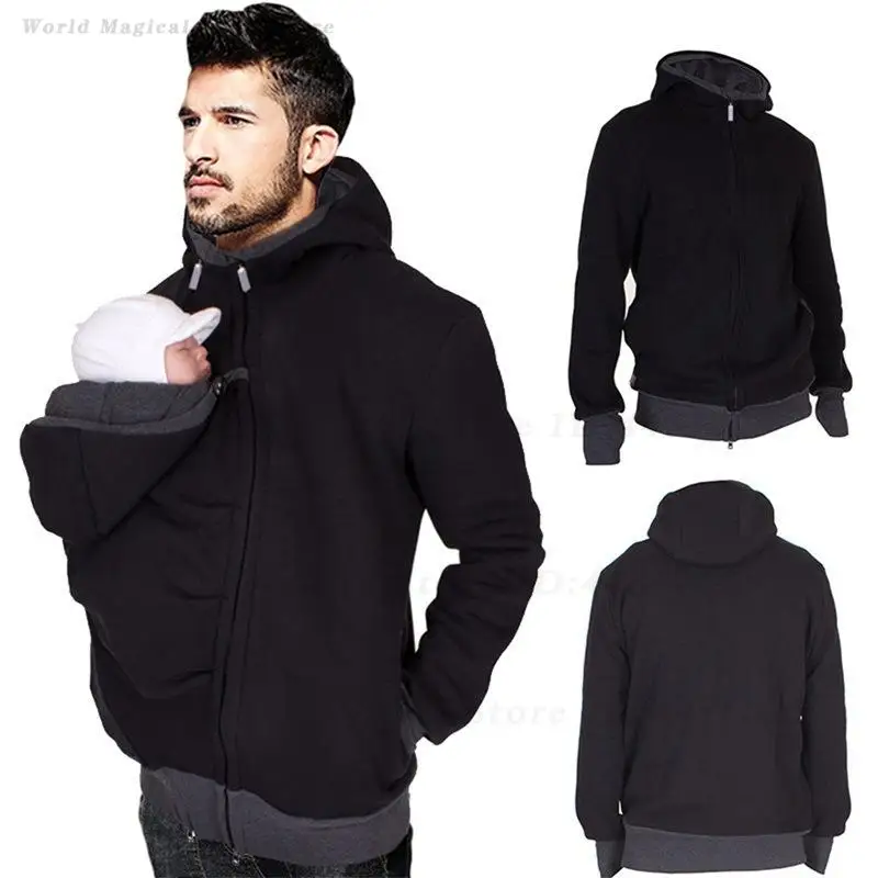 Men Autumn Winter Multifunctional Dad Kangaroo Hoodie with Baby Carrying Pouch Casual Long Sleeve Sweatshirt Outerwear