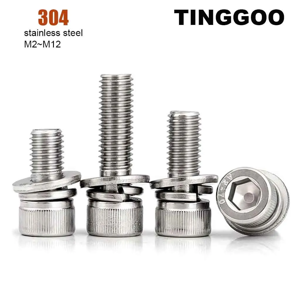 1/50pc M2 M2.5 M3 M4 M5 to M12 A2 Stainless Steel Hexagon Hex Socket Cap Head SEM Screw Bolt With Flat Spring Washer Combination