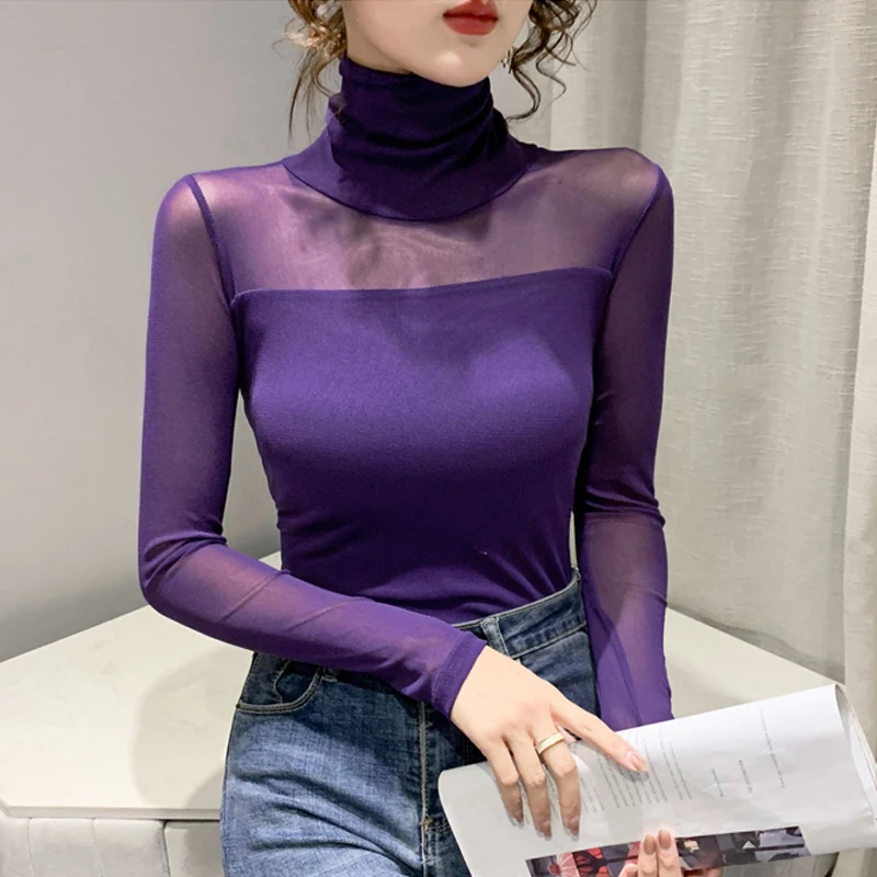 Autumn Winter High Collar T shirt Women Sexy Mesh Bottoming Shirt Long Sleeve Solid Color Slim Fit Long Sleeve Casual Tops