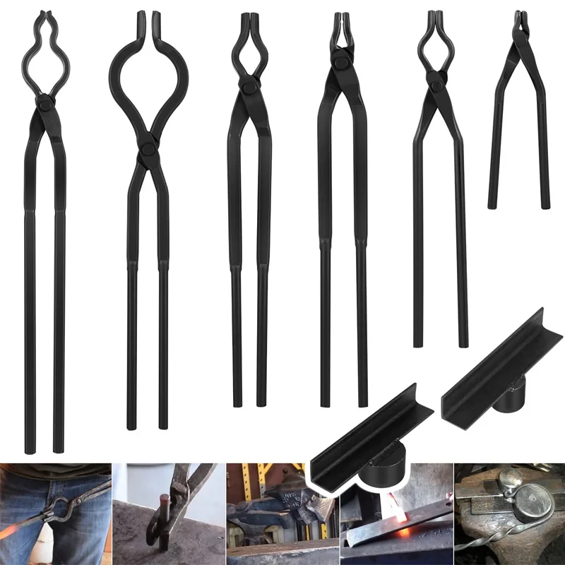 Blacksmith Tongs Set Includes Spike Tongs, Flat Jaw Tongs, Bolt Tongs, Pick-up Tongs, Hook Jig - Knife Making Tongs Set (8 PCS)