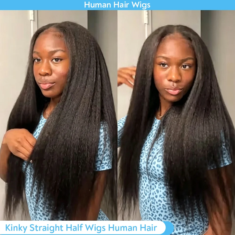 Perruque Demi-Tête Invisible Sans Couture, Effet Naturel, Cheveux Humains Birmanes Yaki Kinky Straight, Sans Colle, Prête à Porter, avec Cordon de Serrage et Clips, pour Usage Quotidien, Densité 250%