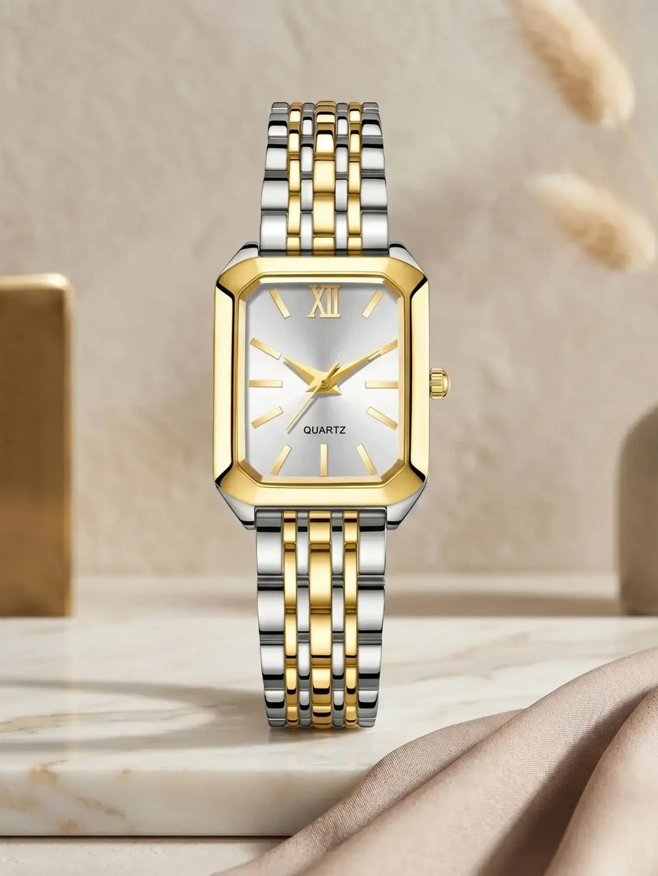 Luxury Women 2Pcs Jewelry Set Two Tone Square Quartz Watch Roman Dial Sparkling Rhinestone Bracelet Birthday Gift Reloj Mujer