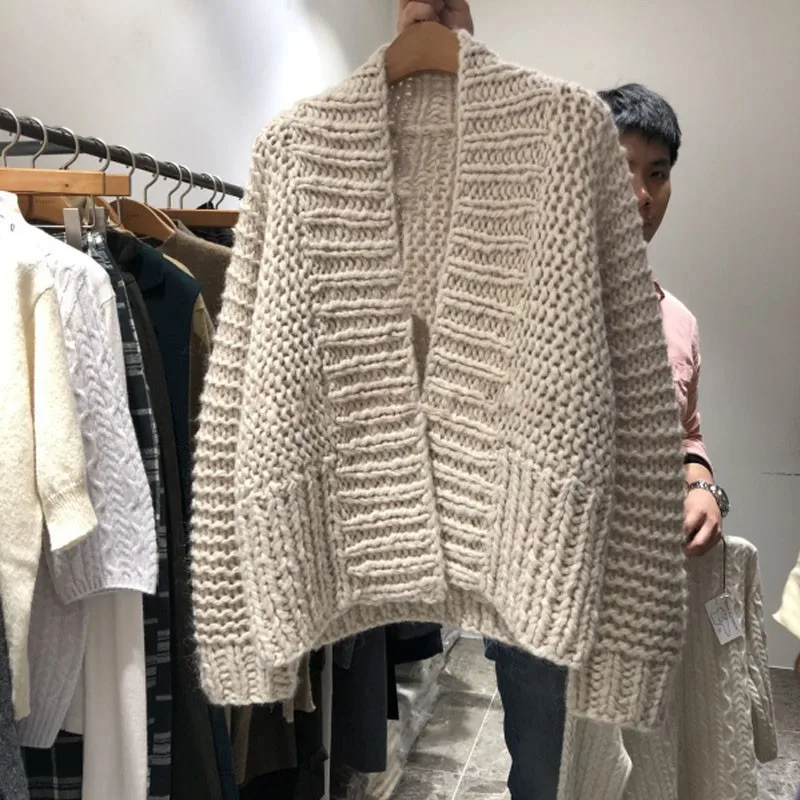 السيدات كسول نمط مفتوح سترة طويلة الأكمام الخامس الرقبة فضفاضة تناسب سترة سميكة الغزل الخريف الشتاء وصول جديد عصري