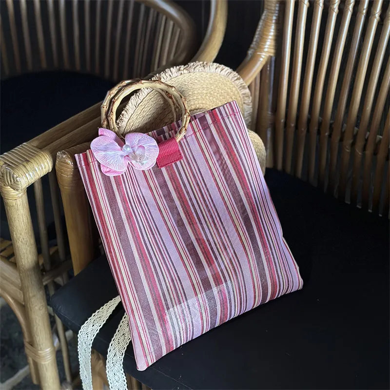 

Летняя модная холщовая сумка из бамбукового волокна, полосатая сумка на одно плечо, мягкая повседневная сумка в стиле ретро