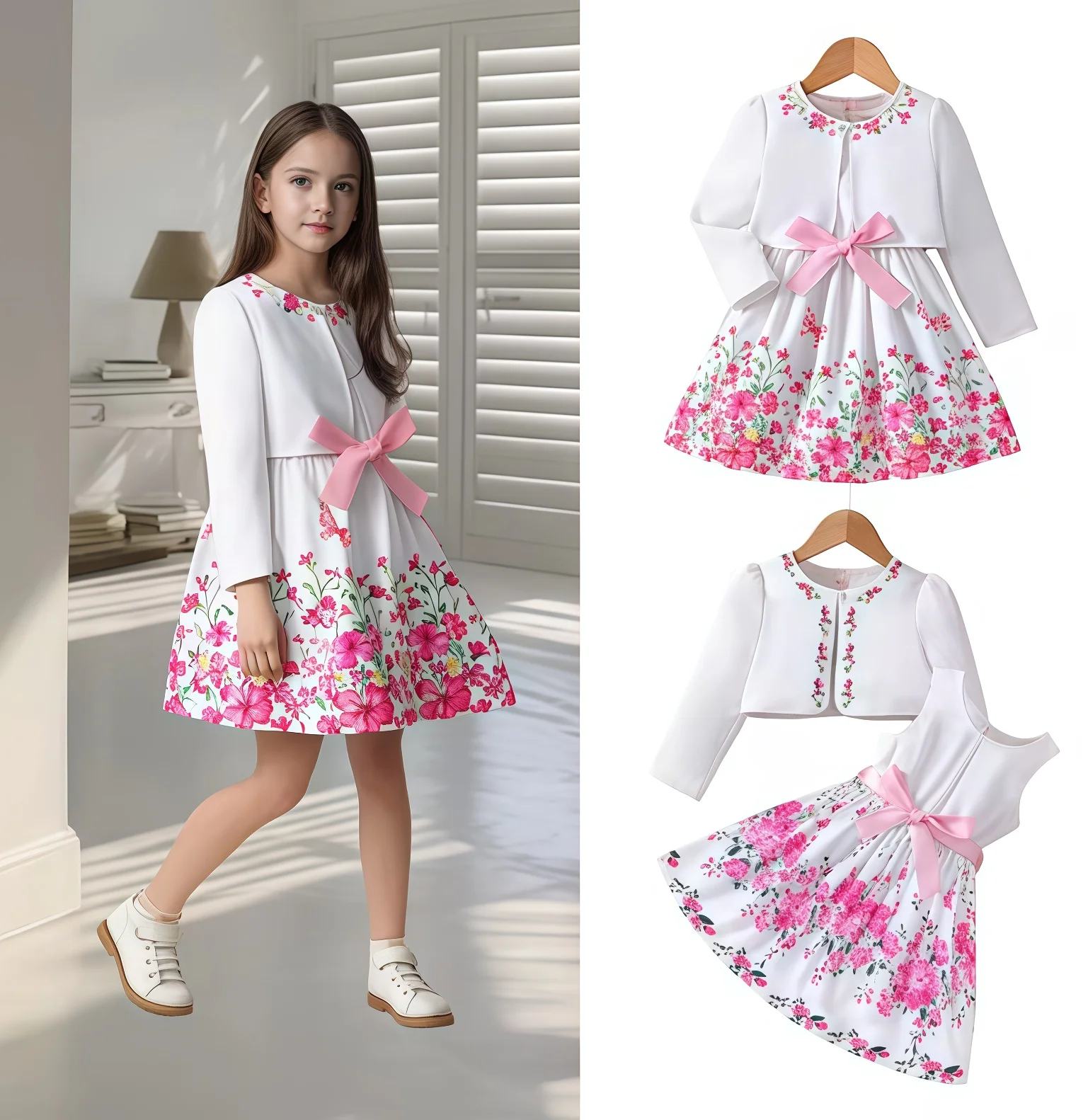 

Kids Casual Clothing Sets Outfits For Girls Spring Summer Toddler Floral Print Long Sleeve Coat Tank Dress Children Clothes