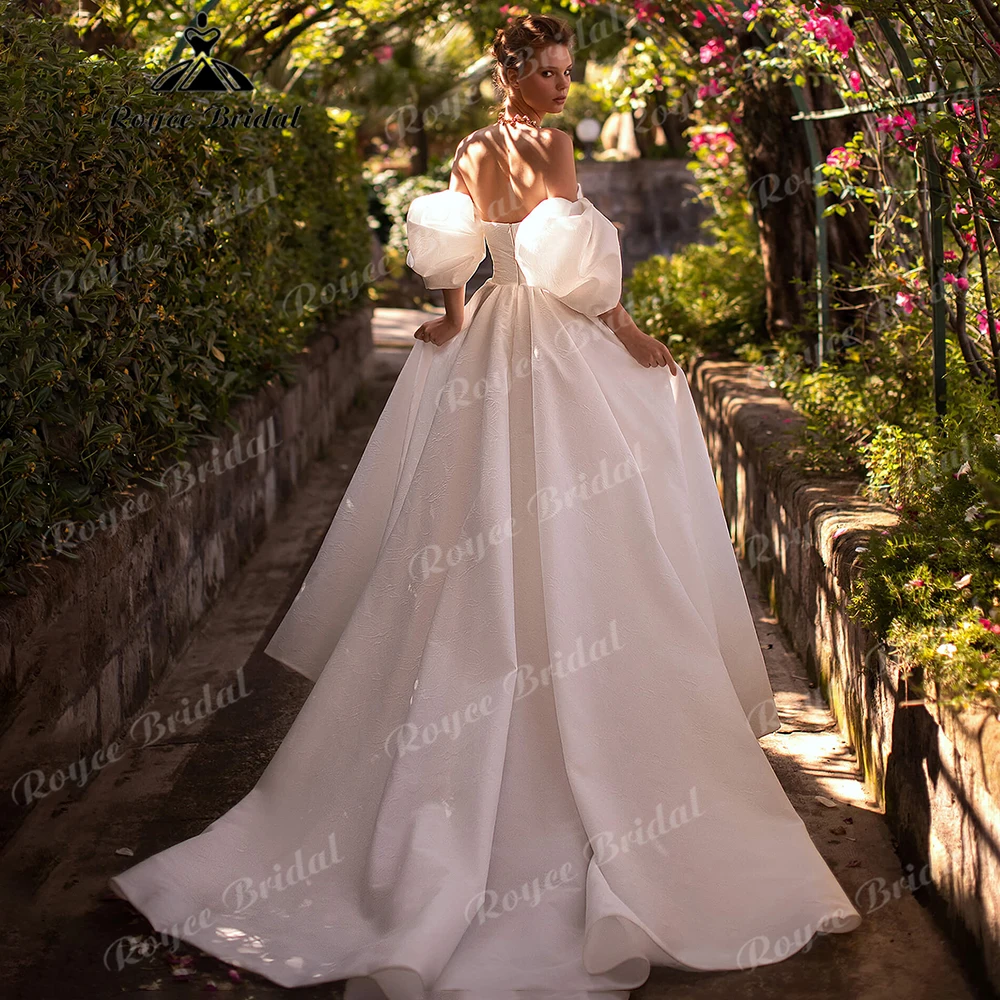 Off The Shoulder Detachable Puff Bubble Sleeve Jacquard Satin Wedding Dress Sweetheart Corset A Line Bridal Gown Customized