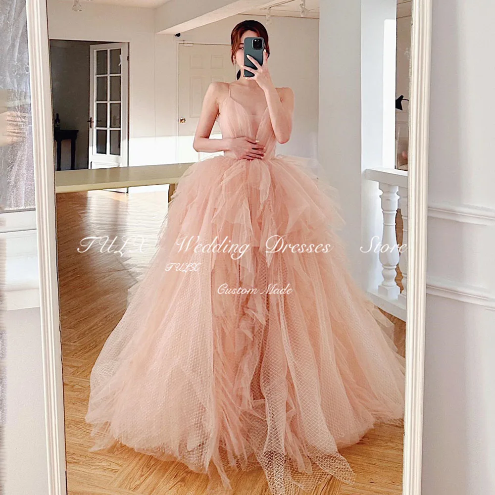 TULX Fairy Dusty Tulle A-Line Evening Dresses Korea Women Corset Photo Shoot V Neck Straps Tiered Ruffles Formal Occasion Dress