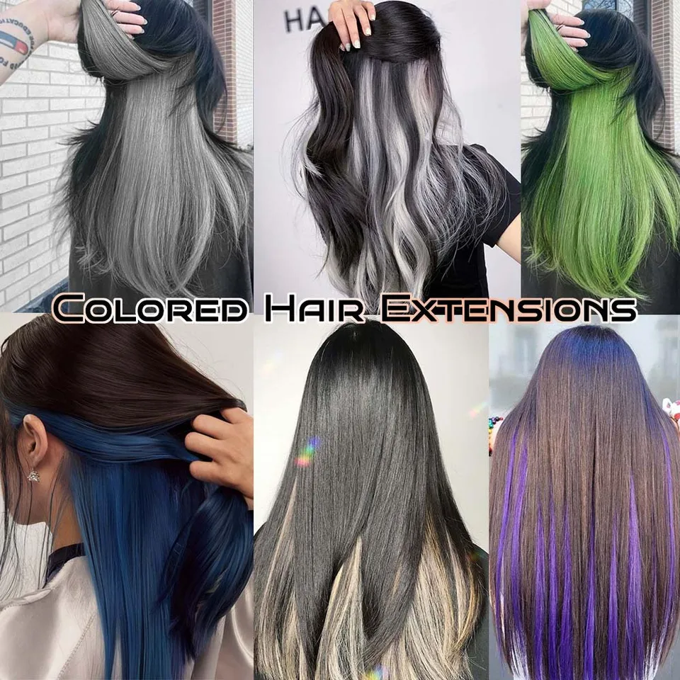 Extensión de clip lacia colorida de 22 pulgadas para mujer, postizo sintético largo, resistente al calor, fácil de usar, para diario o festival 6