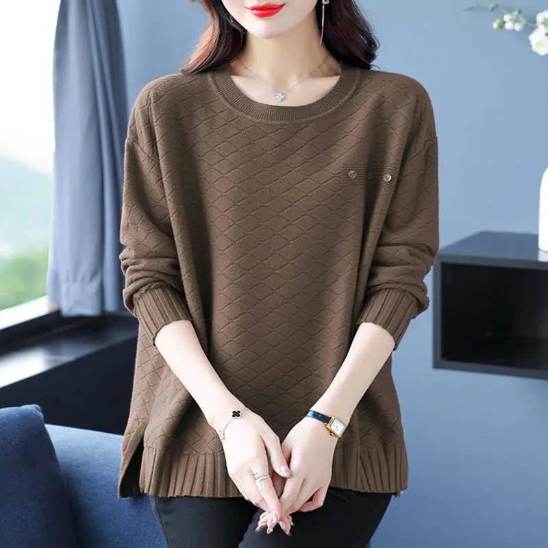 

Модный женский свитер с круглым вырезом, свободного кроя, больших размеров, базовый слой, вязаный, осенне-зимний, для повседневной носки, модный.