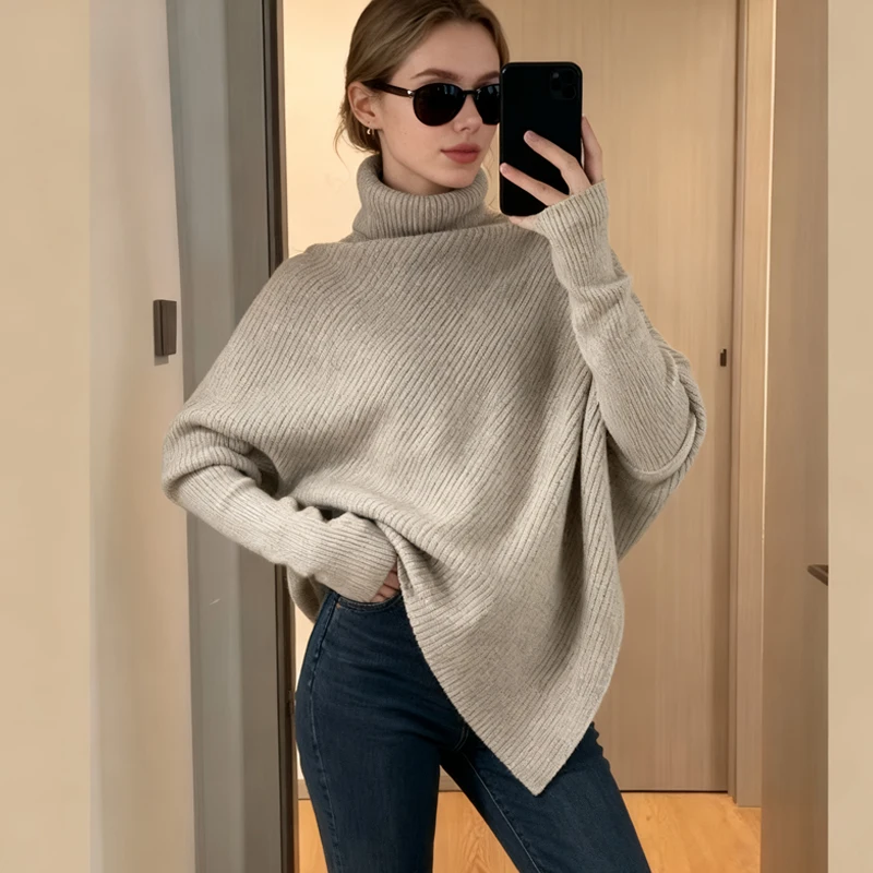 

Autumn Winter Irregular Women Sweater Turtleneck New Casual Pullover Knitted Tops Elegant Loose Long Sleeve Solid Color Clothing