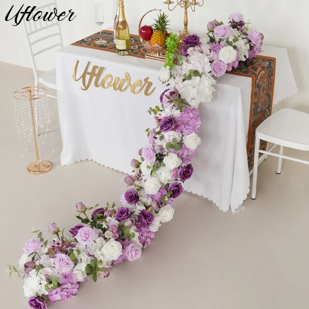 

Uflower 200cm Purple Rose Hydrangea Artificial Flower Row Wedding Table Centerpiece Flowers Backdrop Wall Decor Party Stage Prop