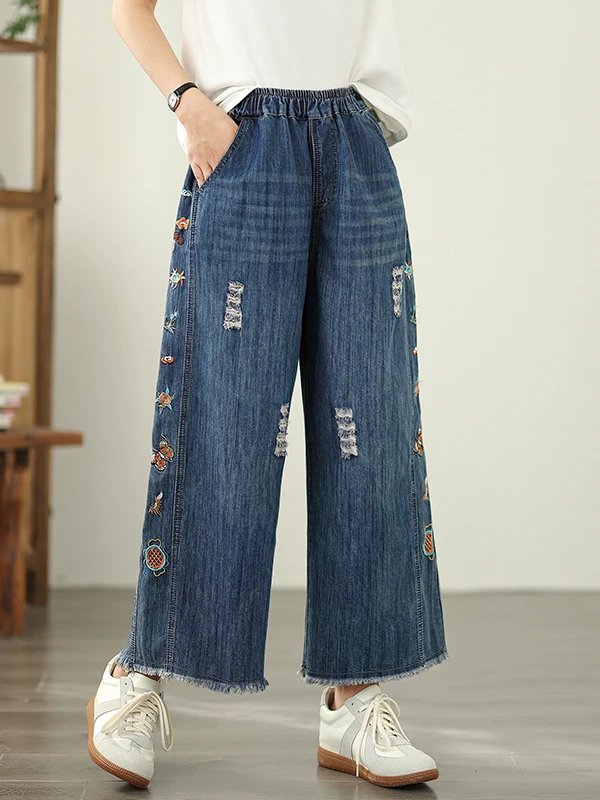 Calças Jeans Fenas Retro com Cintura Elástica Bordadas com Flores Largas e Soltas Corte Reto Casual para a Primavera em D...