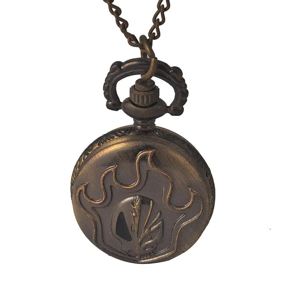 7026Retro pocket watch embossed bronze flame anime pattern quartz pocket watch bronze men's waist chain
