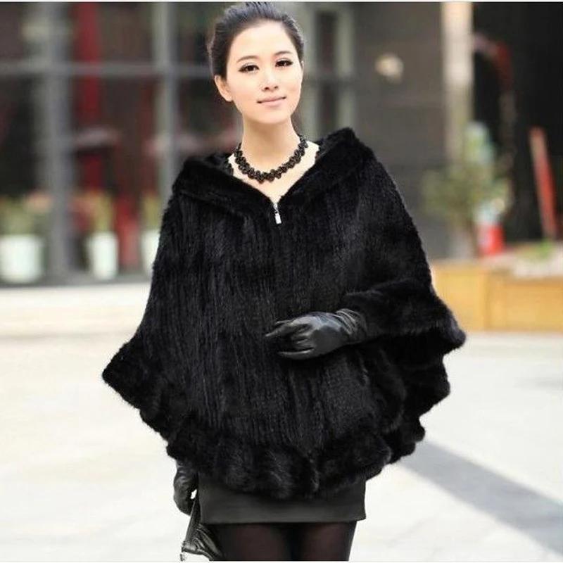 Winter Lady Natural Mink Fur Hooded Pashmina Jacket 100% Genuine Mink Fur Shawl Women Fashion Hand Knitted Real Mink Fur Poncho