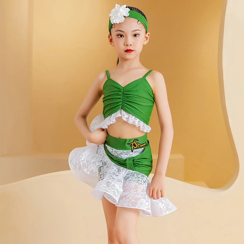 

Summer Latin Dance Professional Costumes Girls Green Latin Dance Suits Children'S Samba Performance Dancing Clothes SL10494