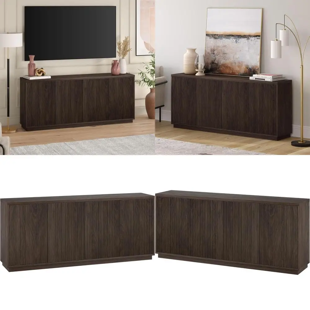 

68 Ribbed Wooden Buffet Cabinet with 4 Doors, Adjustable Shelves, Cable Management for Dining or Living Spaces in Rich Brown