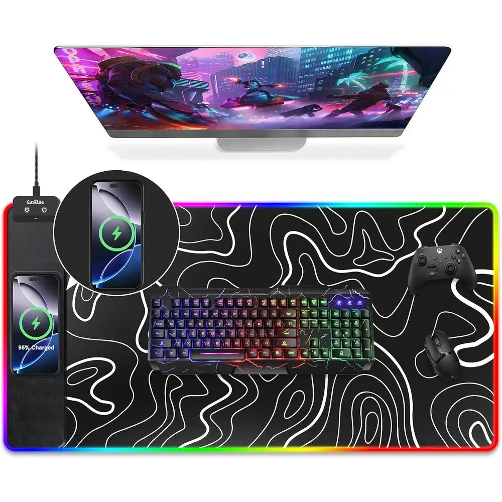 

Large RGB Gaming Mousepad with Wireless Charging, Ultra-Smooth, Non-Slip, Waterproof, 800x400mm Desk Mat for PC & Office Use
