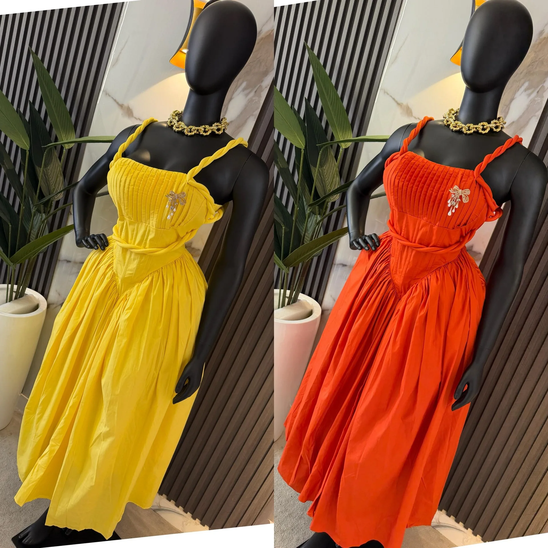 Women's 2026 Autumn. New Collection: Elegant Solid Color Pleated Long High-waisted Spaghetti Strap Clothes Summer Dresses 2026