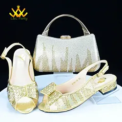 Low Heels Fashion 2024 Spring Summer New Design Nigerian Women Shoes and Bag Set in Gold Color Italian Women Design For Wedding