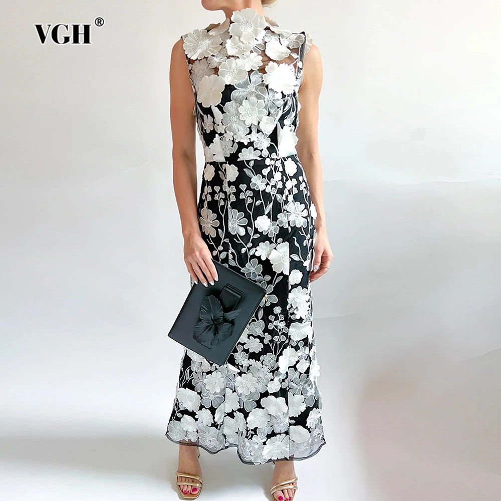 

VGH Spliced Appliques Elegant Long Dresses For Women Round Neck Sleeveless High Waist Temperament Dress Female Fashion Style New