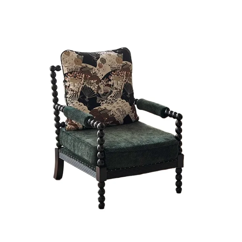 

French retro solid wood fabric single sofa, small apartment family balcony leisure chair