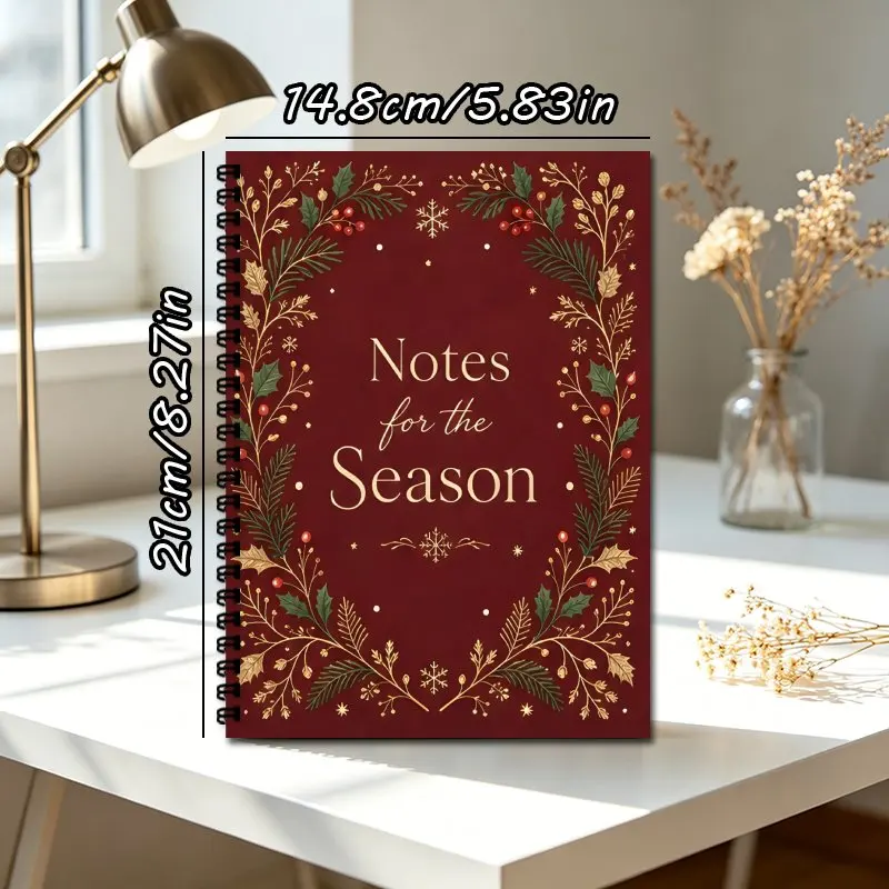 A5 Christmas Spiral Notebook, Office Diary Study Supplies,Red Gold Winter Foliage Pattern 