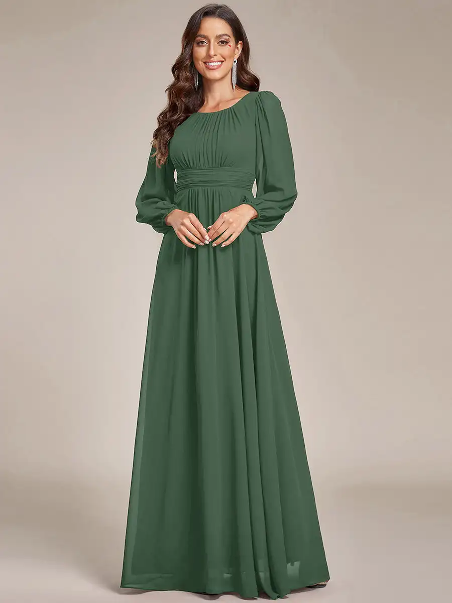 

Classic Evening Dresses round neck A-line lantern sleeves pleated decoration 2025 Ever Pretty of EUcalyptus Bridesmaid dress