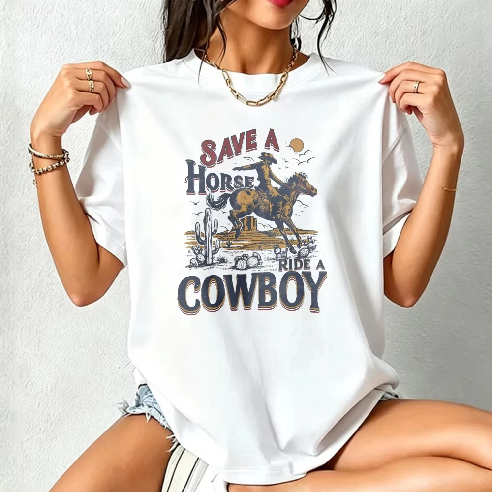 Save A Horse Ride A Cowboy Vintage Desert Cactus Horse Rider Cotton Women Tee Western Cowboy Graphic Tops Country Ranch Tees