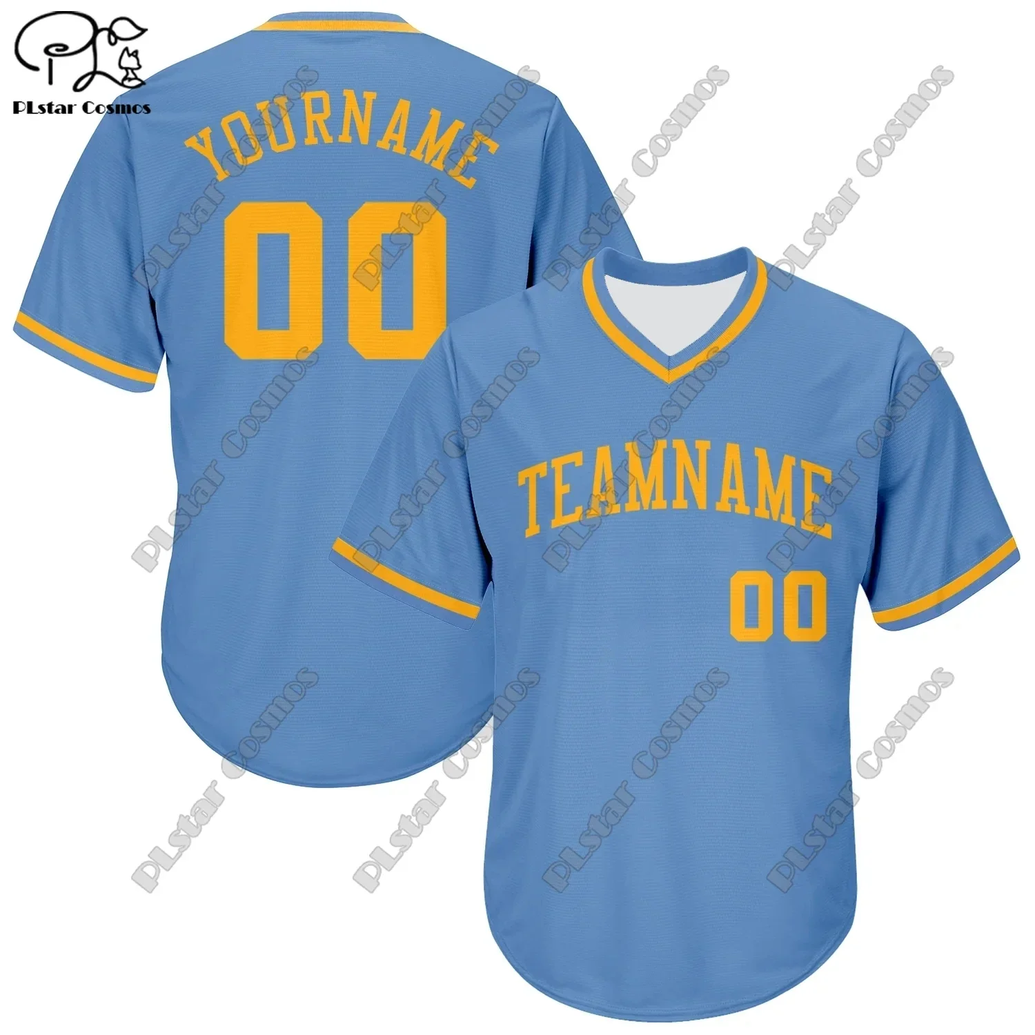 New baseball jersey shirt customized 3D printing blue contrasting color series V-neck short-sleeved loose unisex T-shirt L-3