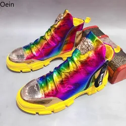 Mens Round Toe Rainbow Colors Flats Sneakers Ankle Boots High Top Glitter Shoes Punk Blue Sliver Boys New 2024