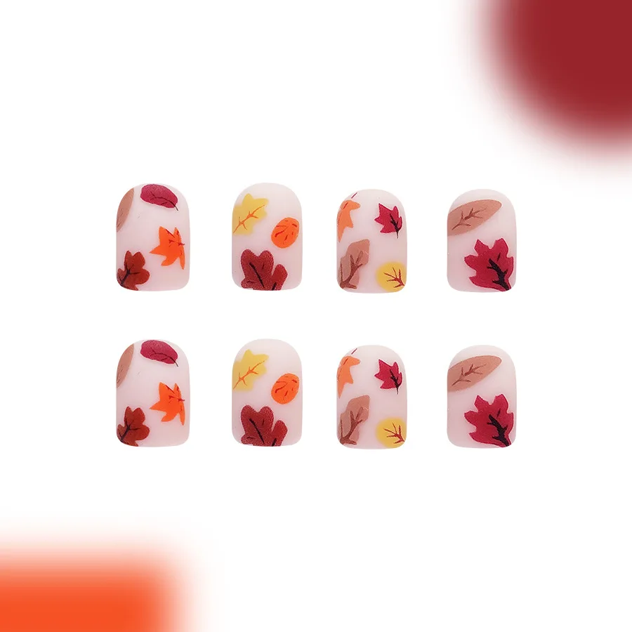 24Pcs Short Square Press on Nail Fiery Red Maple Leaves Gentle Falling leave Fake Nail Autumn and Winter wearable Nail for Women