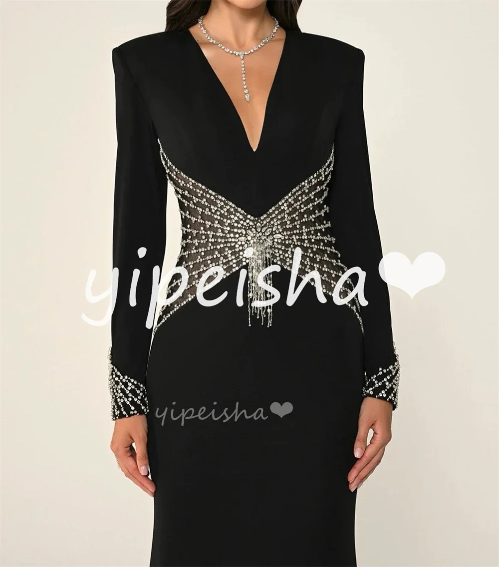 Customized Fashion Women Jersey Rhinestone Ruched Straight Evening Dresses Fashion V-neck Long Sleeves Floor Lenght Prom Dresses