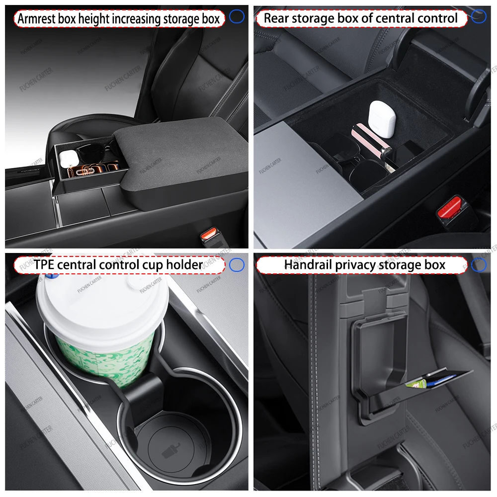 テスラ モデルY ジュニパー 2025年式＆スタンダード 2025年式以降 コンソール＆アームレスト隠し収納ボックス カップホルダー コンソールオーガナイザーボックス アクセサリー