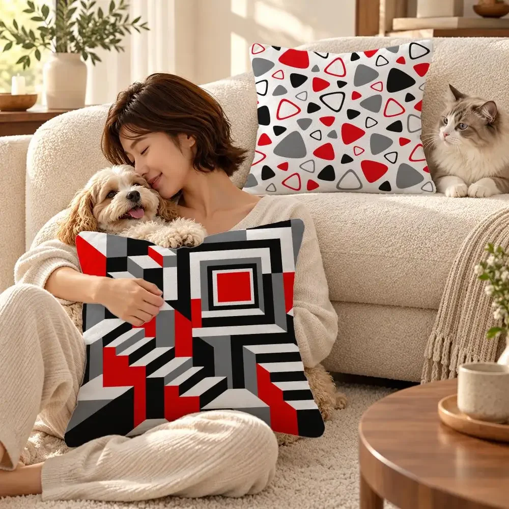 vibrant Red Black White Chevron Geometric Cushion Cover Soft Short Plush Throw Pillowcase Sofa Bedroom Home Decor Holiday Gift